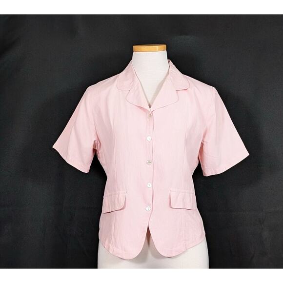 Vintage 90s Blouse Silk Pink Short Sleeve Tie Back Fitted Misses Size M - Picture 1 of 6